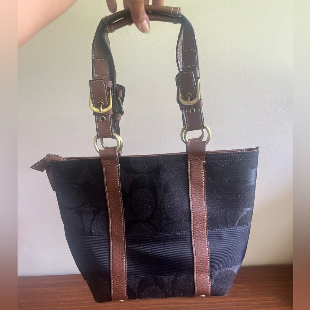 Coach Black Signature Monogram Tote W/ Brown Leather Straps Shoulder Purse